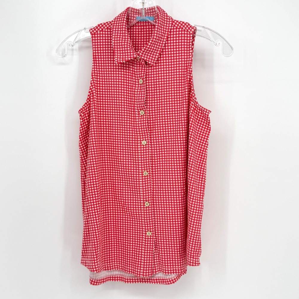 J. McLaughlin Gingham Sleeveless Top Women XS Red White Preppy Coastal Classic